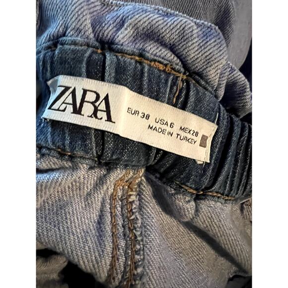 Zara Paper Bag Denim Baggy Pants High Waist Acid Wash Elastic Waist Band - Picture 11 of 11